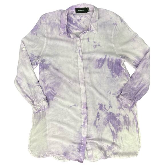 MinkPink Purple White Tie Dye Button Up Long Sleeve Blouse Tunic Top Size S - Picture 1 of 9